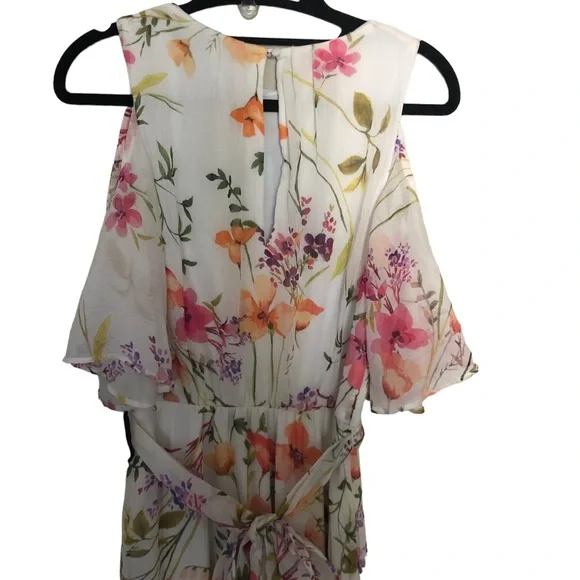 NEW Calvin Klein Cold Shoulder floral chiffon Maxi Dress with Self-sash Waist - Picture 10 of 12